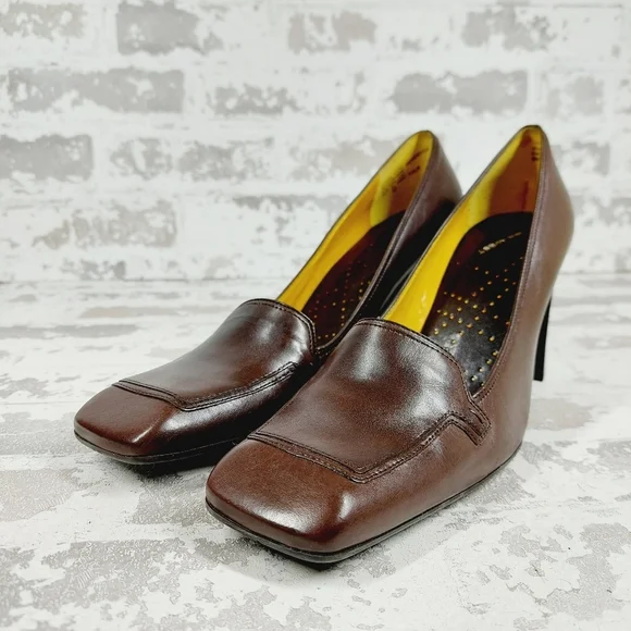 Nine West Nehemy Brown Leather Slip On Square Toe Block Heel shoes - Picture 2 of 12